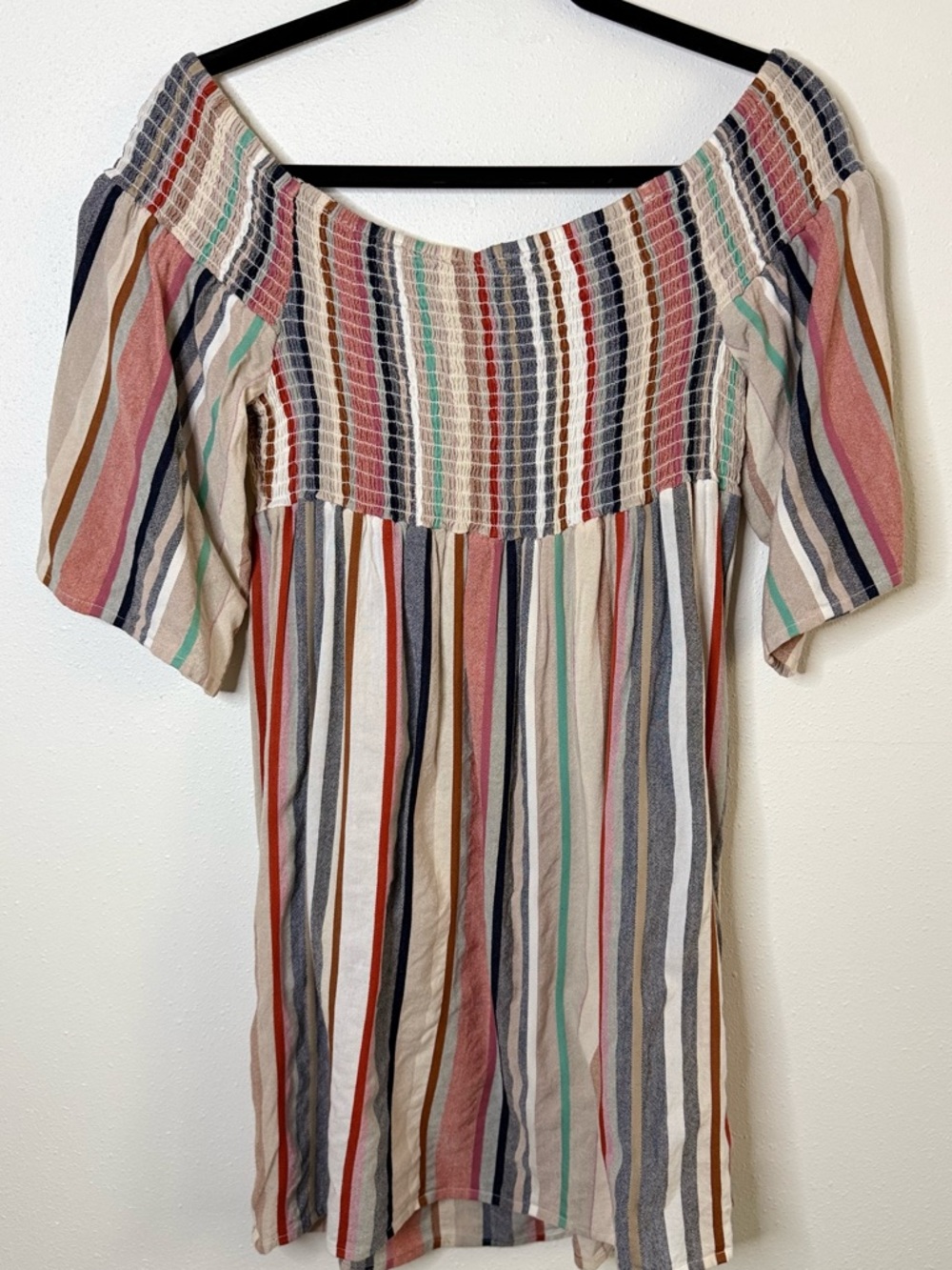 F&F Smocked Peasant Blouse Boho Off Shoulder Stripe Top Size 6